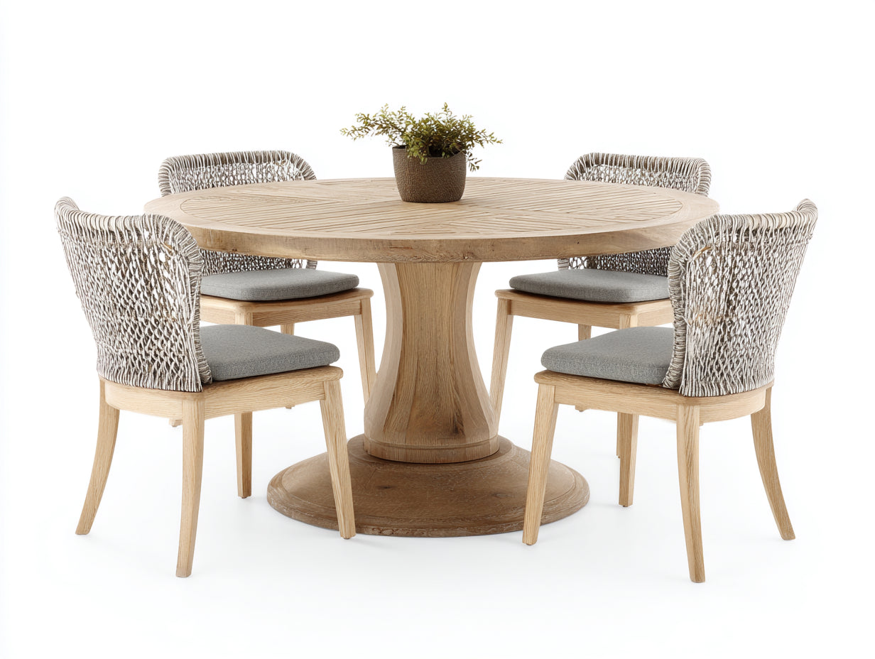 Salon de jardin repas - Bois-Corde-Textile - 135cm x 135cm x 76cm - Bois naturel-¨¦cru-Gris - Style organique contemporain