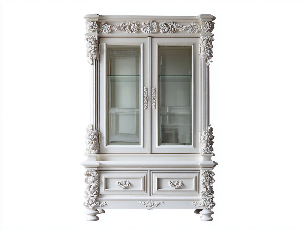 Vitrine - Bois - Verre - 132 x 46 x 188 cm - Blanc - Style baroque