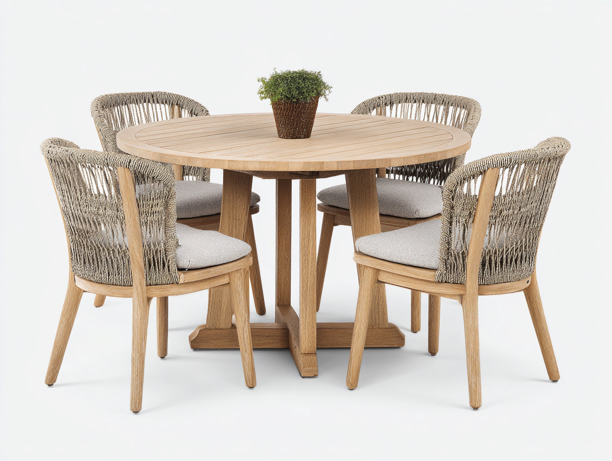 Salon de jardin repas - Bois-Corde-Textile - 140cm x 140cm x 76cm - Bois naturel-¨¦cru-Gris clair - Style contemporain naturel