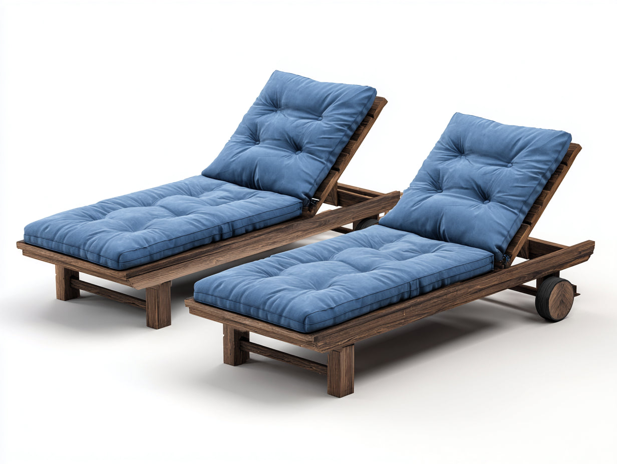 Bain de soleil - Bois-Tissu - 204 x 74 x 98 cm - Bois brun fonc¨¦-Bleu - Rustique capitonn¨¦ avec roulettes
