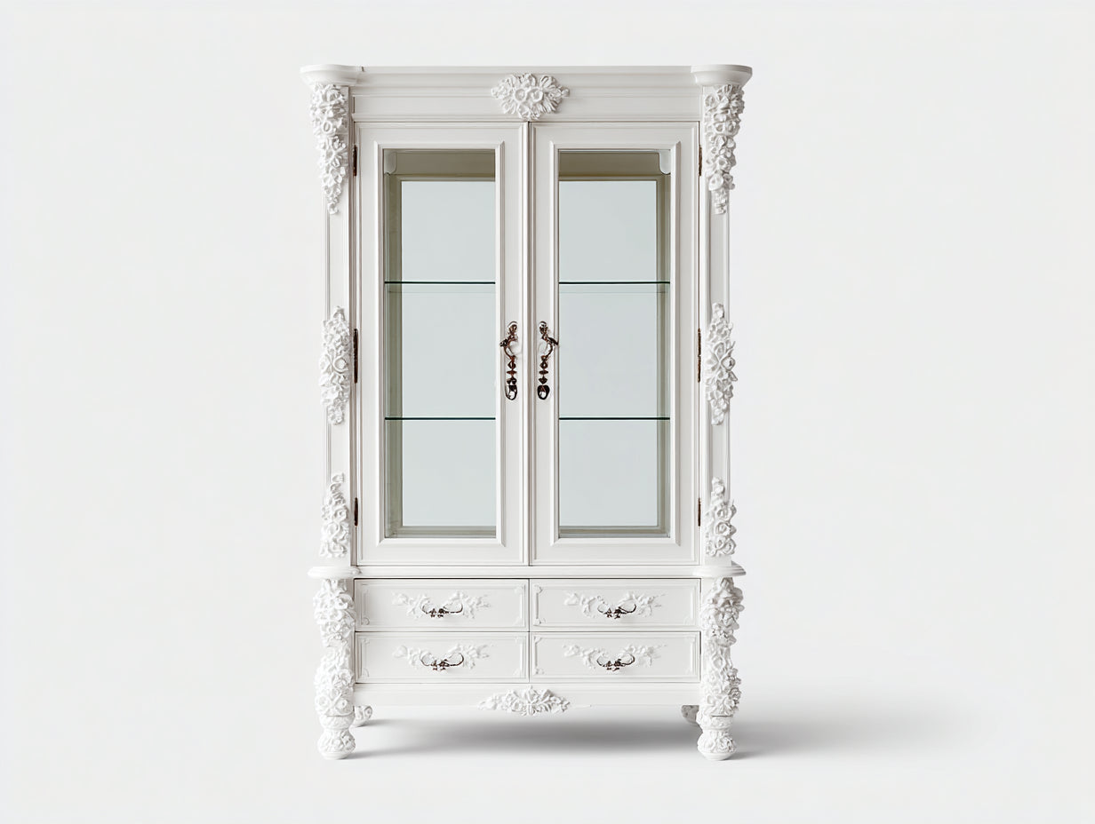 Vitrine - Bois - Verre - 128 x 44 x 186 cm - Blanc - Style classique