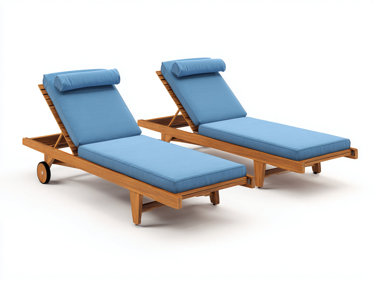 Bain de soleil - Bois-Tissu - 205 x 70 x 92 cm - Bois naturel-Bleu - Moderne r¨¦glable avec roulettes