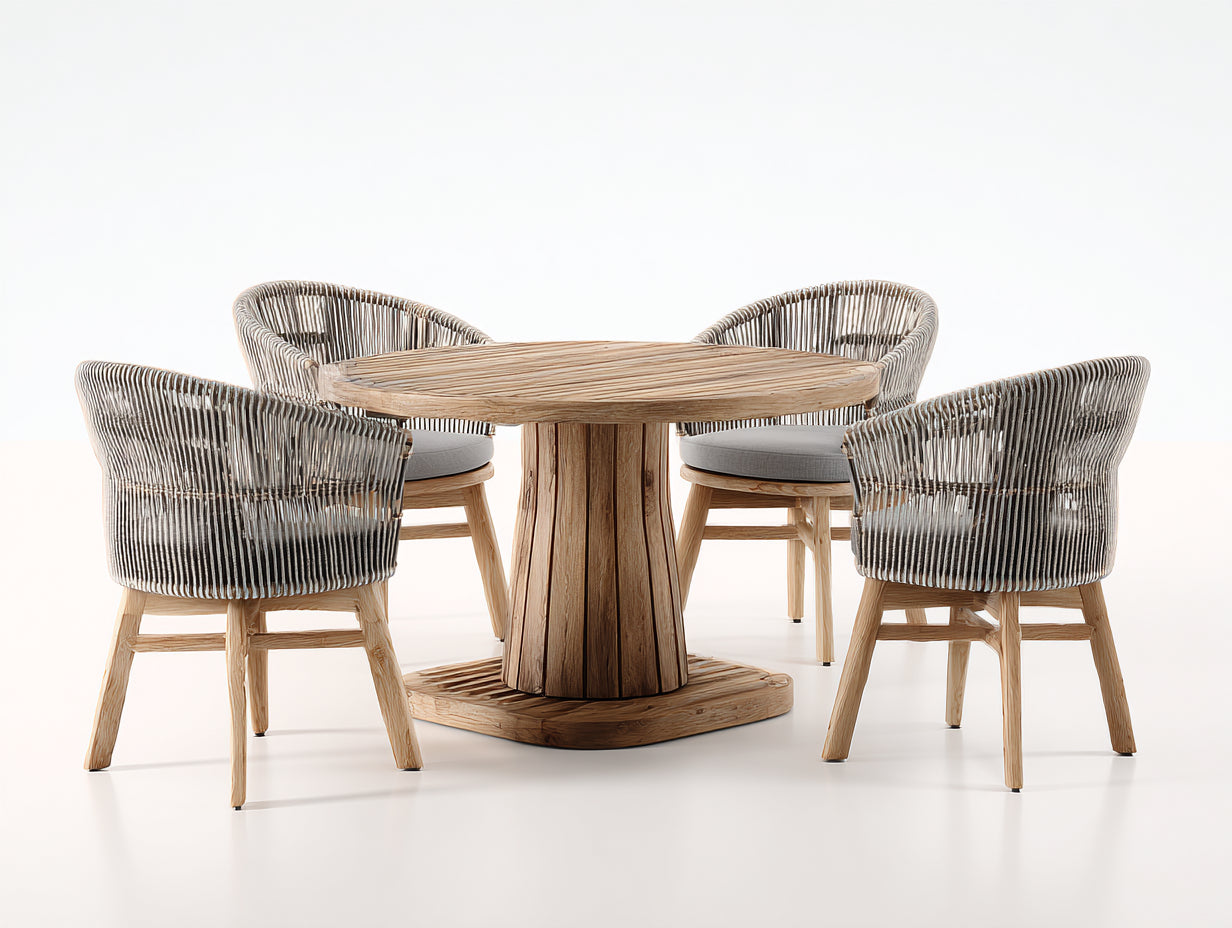Salon de jardin repas - Bois-Corde-Textile - 130cm x 130cm x 76cm - Bois naturel-Taupe-Gris clair - Style contemporain