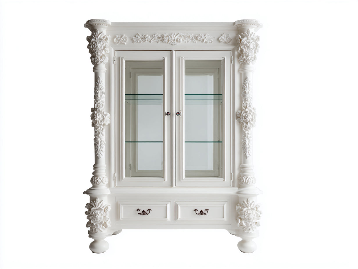 Vitrine - Bois - Verre - 135 x 42 x 185 cm - Blanc - Style baroque