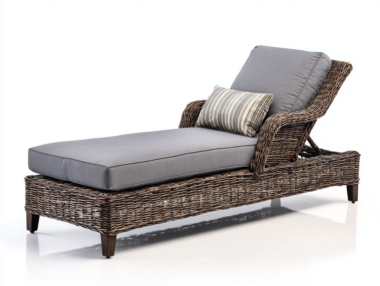 Bain de soleil - Rotin-Tissu - 200 x 81 x 97 cm - Brun-Gris - Rustique r¨¦glable avec accoudoirs