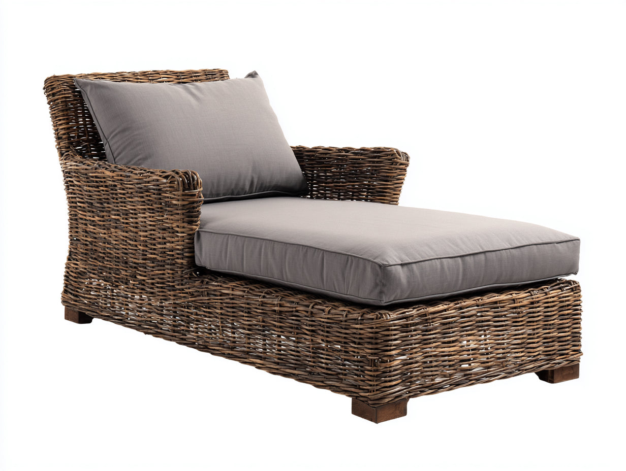 Bain de soleil - Rotin-Tissu - 192 x 82 x 91 cm - Brun-Gris taupe - Rustique avec accoudoirs